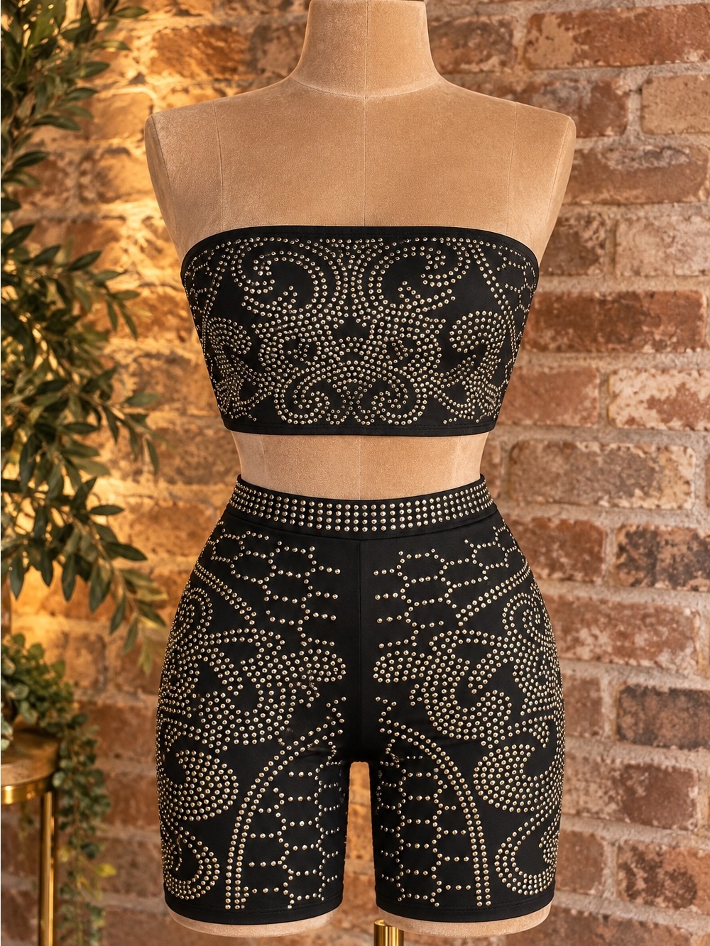Source Unknown Black Studded Strapless Crop Top & High-Waist Biker Shorts Set